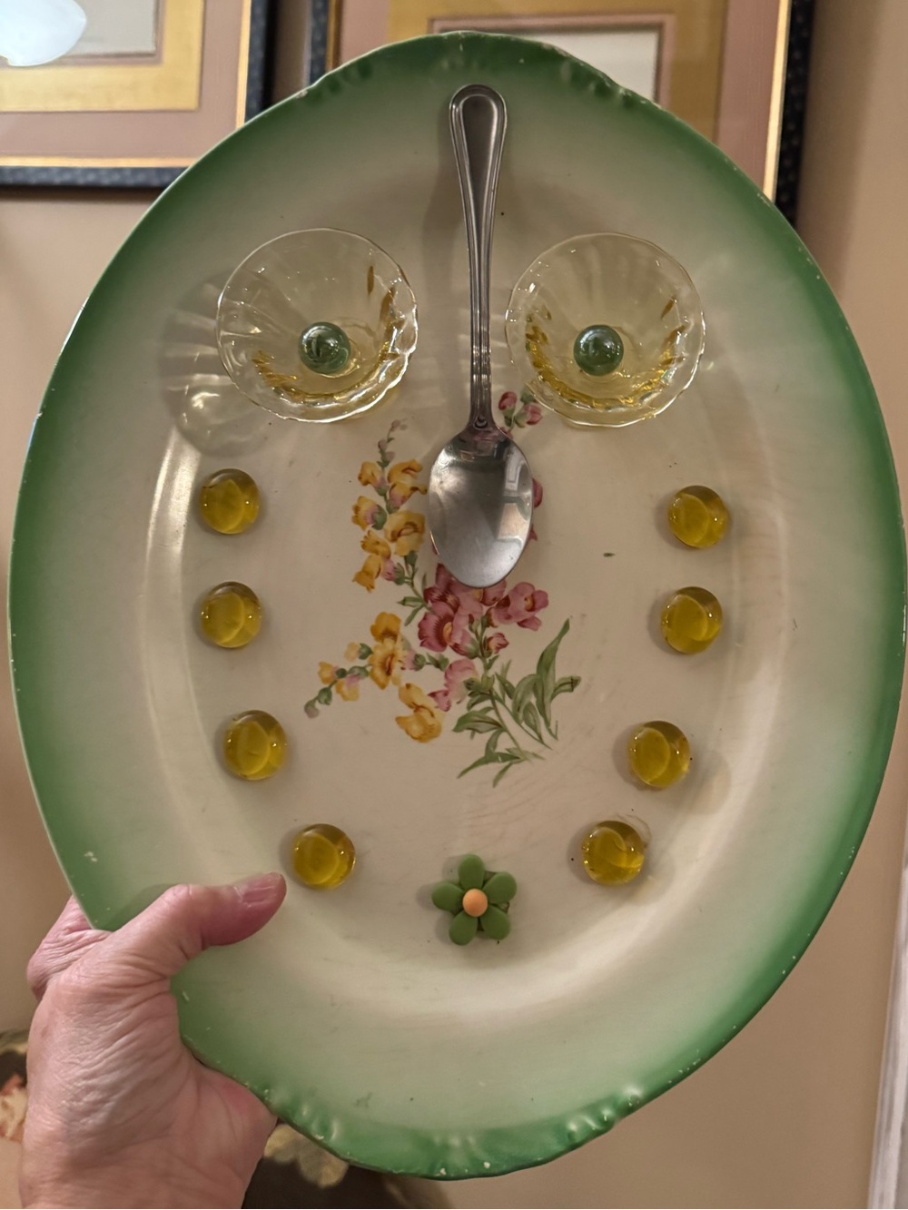 Owl - Vintage dishes crafted as an owl. Hanging decor for kitchen.
